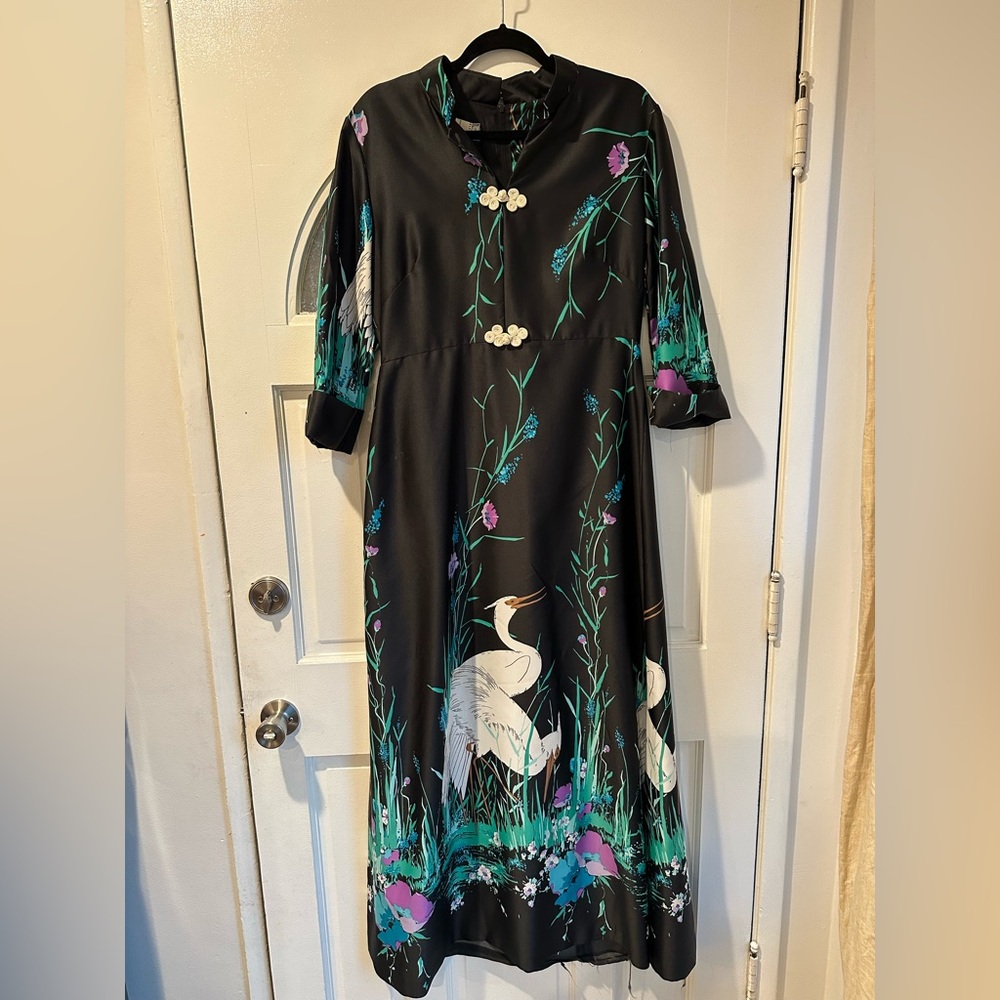 Vintage 1960s Alice of California Elegant Black Floral Dress